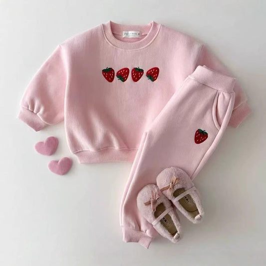 Autumn Baby Kids Unisex Casual Strawberry Embroidered Pattern Long Sleeves Top Pullover and Pants Clothing Set-1