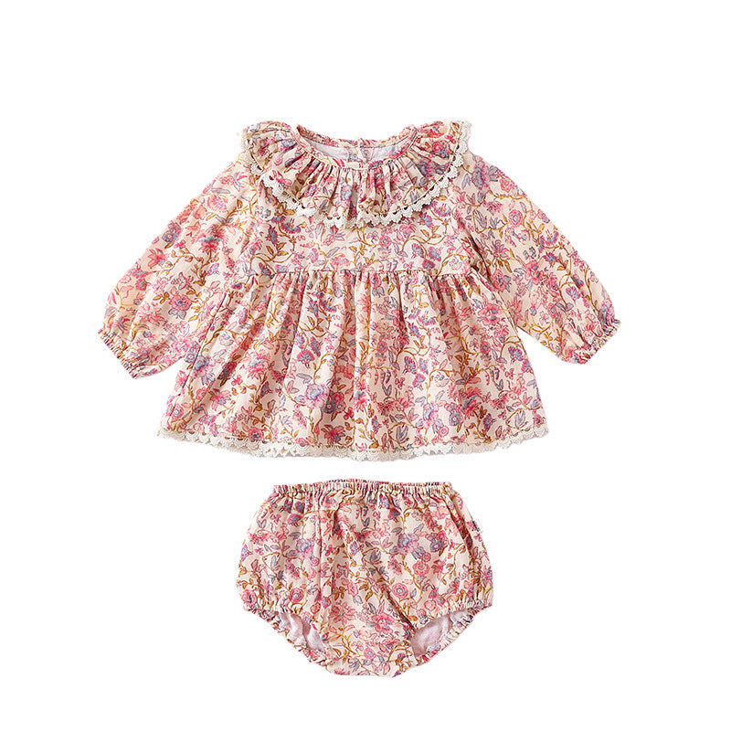 Spring Baby Kids Girls Floral Ruffle Collar Top And Shorts Clothing Set