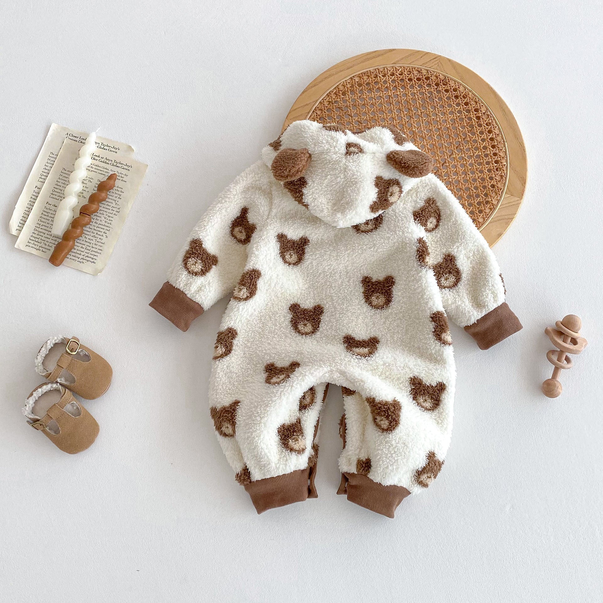 Winter Arrival Baby Cute Teddy Hooded Design Warm Fleece Rompers