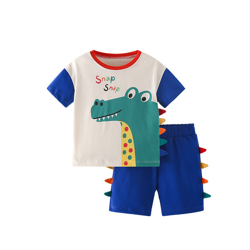 Summer Baby Kids Casual Animals Cartoon Pattern T-shirt and Shorts Clothing Set for Boys
