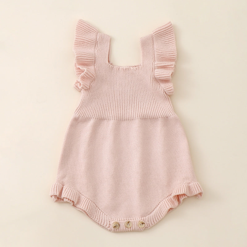 Summer Arrival Baby Girls Solid Color Fly Sleeves Square Neck Knitted Onesies