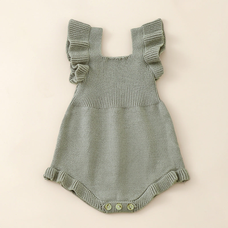 Summer Arrival Baby Girls Solid Color Fly Sleeves Square Neck Knitted Onesies