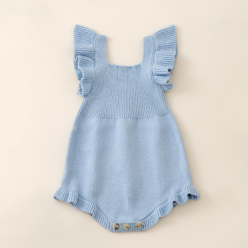 Summer Arrival Baby Girls Solid Color Fly Sleeves Square Neck Knitted Onesies
