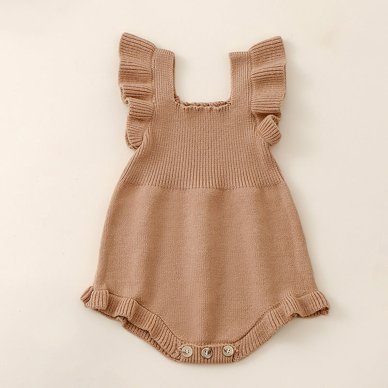 Summer Arrival Baby Girls Solid Color Fly Sleeves Square Neck Knitted Onesies
