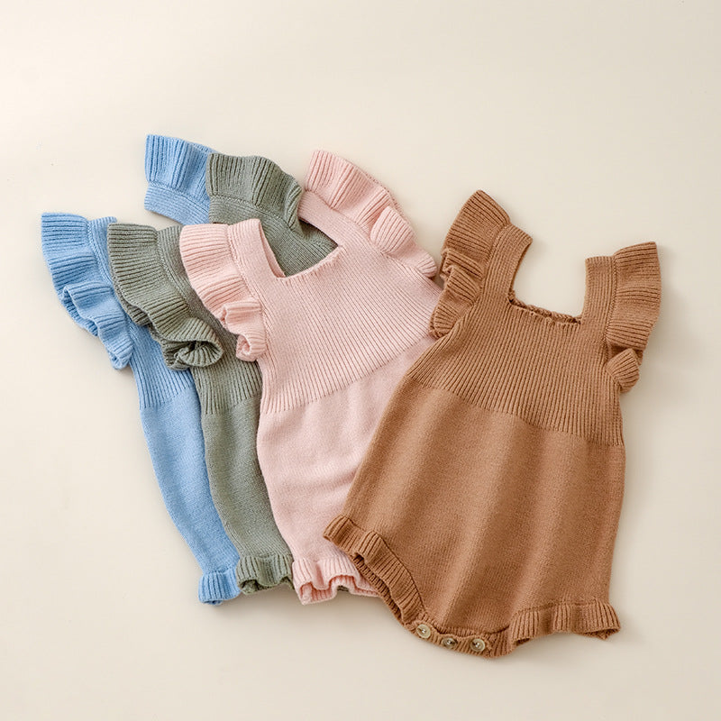 Summer Arrival Baby Girls Solid Color Fly Sleeves Square Neck Knitted Onesies